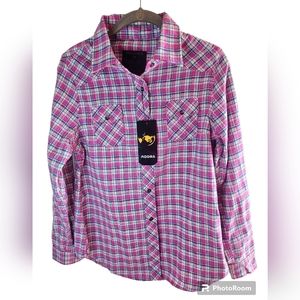 RQQBA women's pink plaid button down long sleeve shirt size S